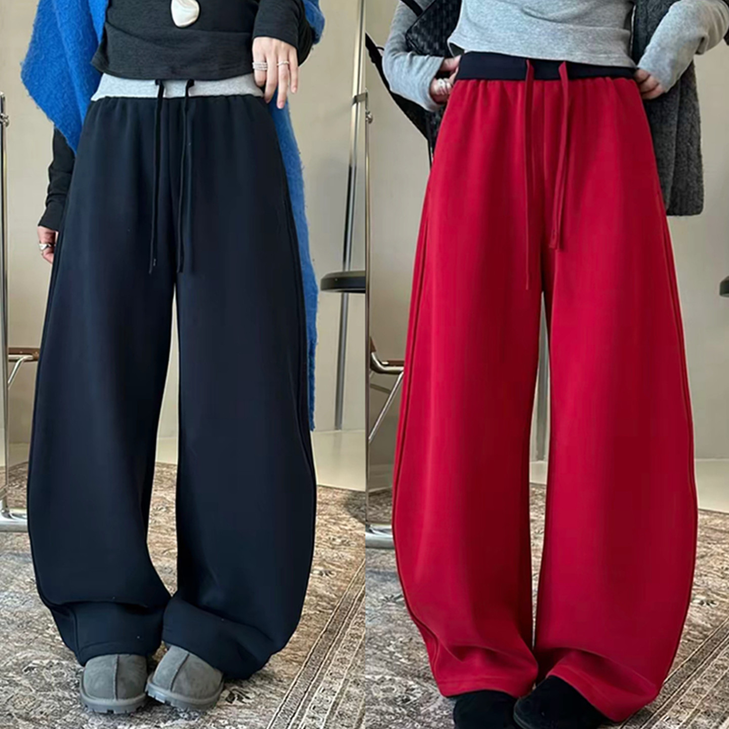 加绒加厚高腰撞色松紧腰阔腿卫裤