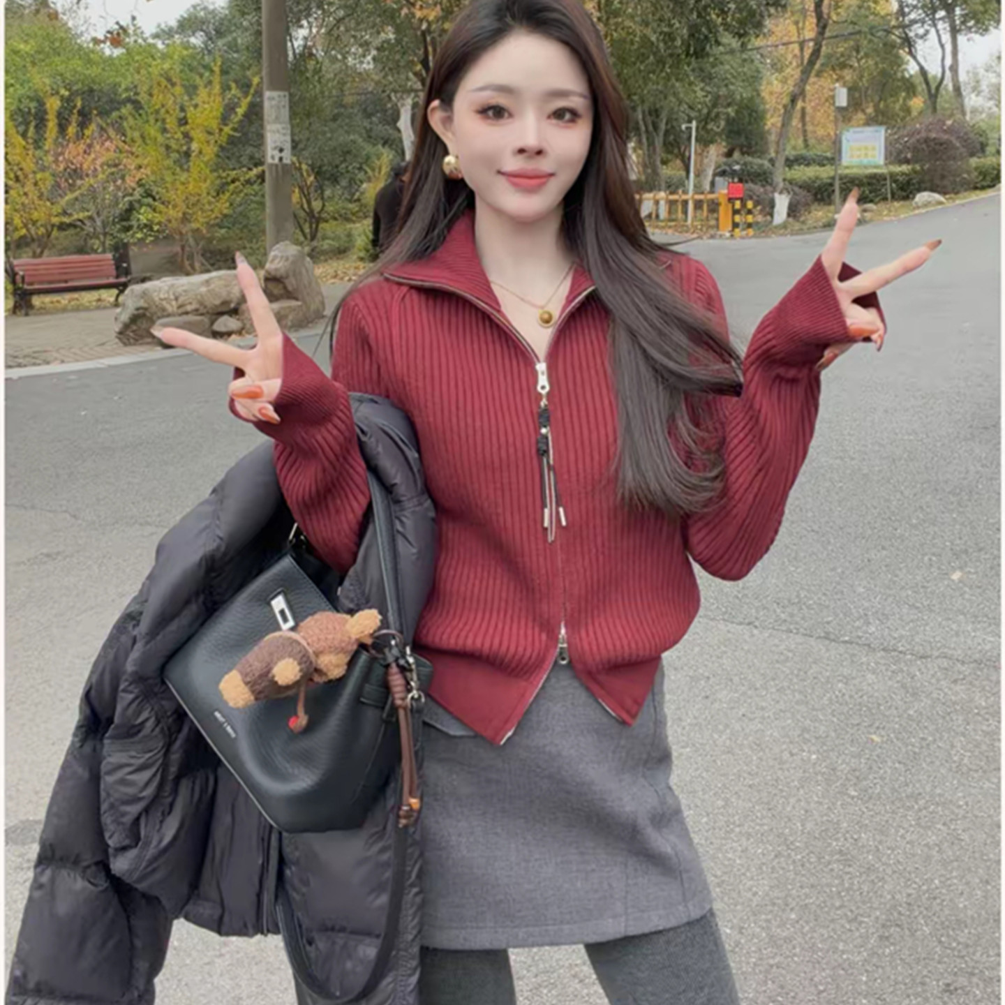 韩系双头拉链翻领针织开衫显瘦