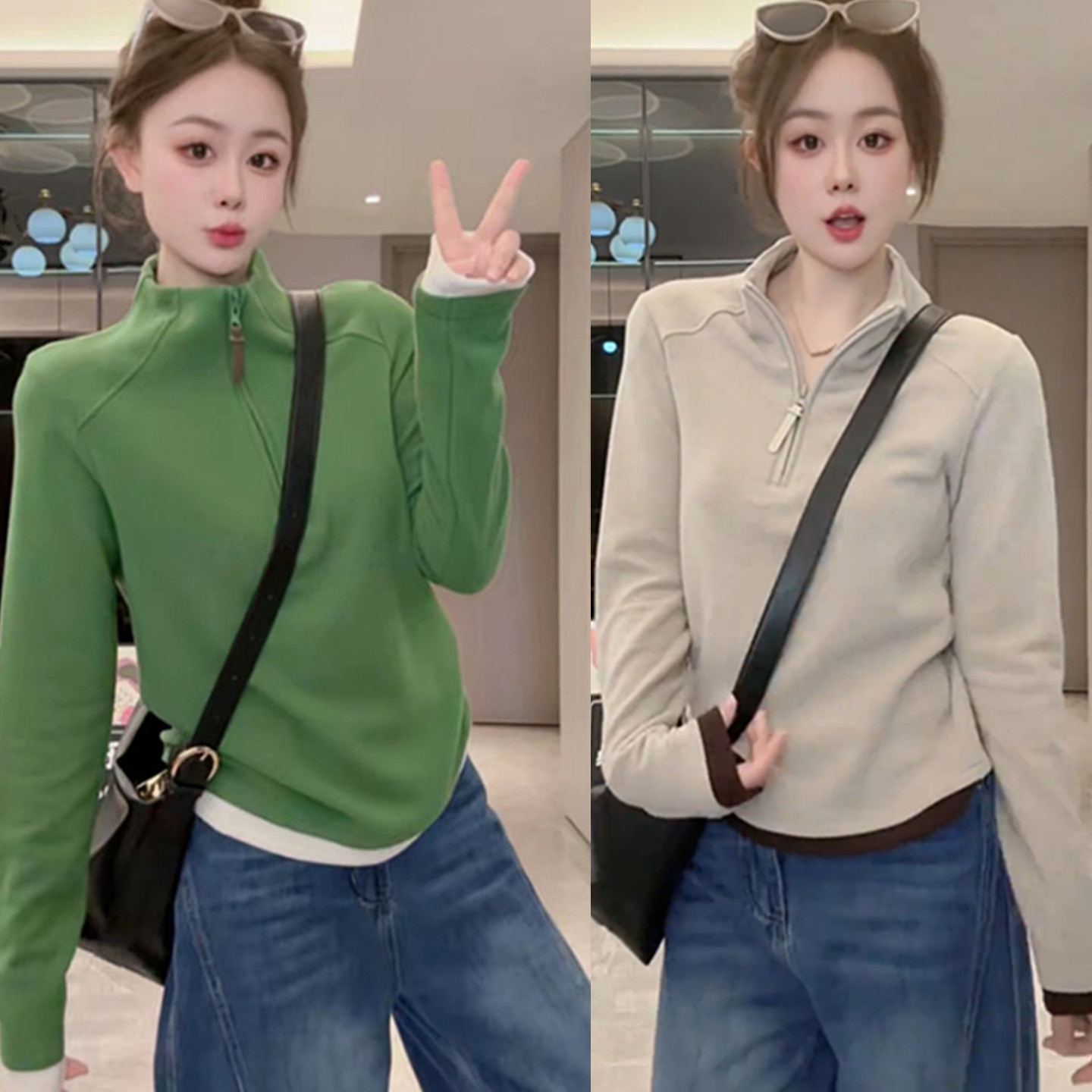 欧货时尚半拉链立领拼色德绒卫衣