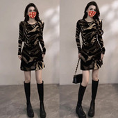 连衣裙女秋冬纯欲豹纹时尚 法式 复古印花加绒长袖 性感绝美A字短裙