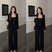 阔腿裤 甜辣穿搭一整套女秋冬高端精致亮闪纽扣吊带长袖 开衫 三件套