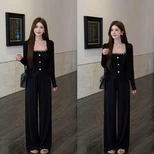 三件套 阔腿裤 甜辣穿搭一整套女秋冬高端精致亮闪纽扣吊带长袖 开衫