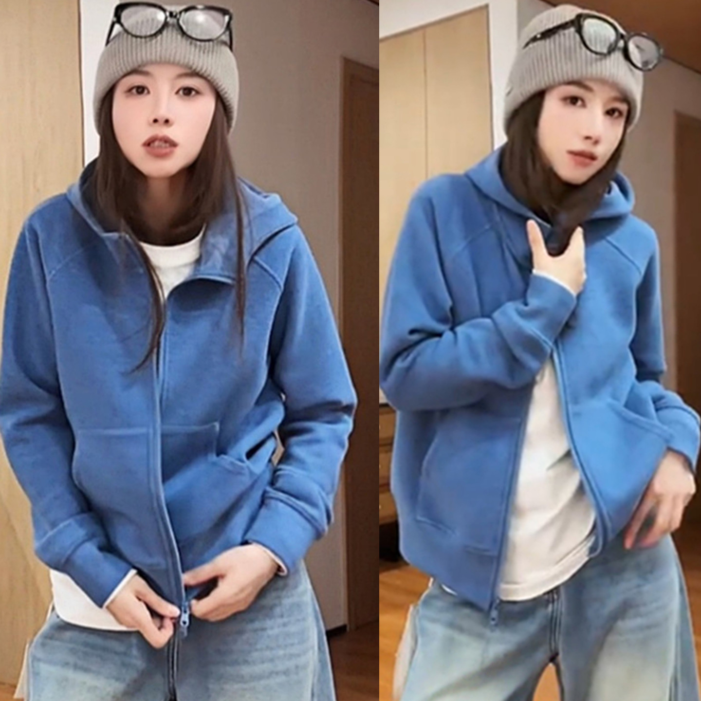 极简风蓝色加绒连帽卫衣女