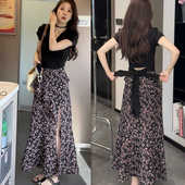 气质修身 今年流行漂亮套装 裙女法式 显瘦绑带T恤碎花半身裙两件套