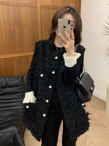 法式小香风气质名媛黑色流苏无袖马甲女秋冬宽松时尚百搭叠穿外套