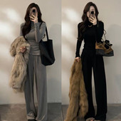 巨好看秋冬穿搭一整套女半高领褶皱德绒长袖 T恤阔腿直筒裤 两件套