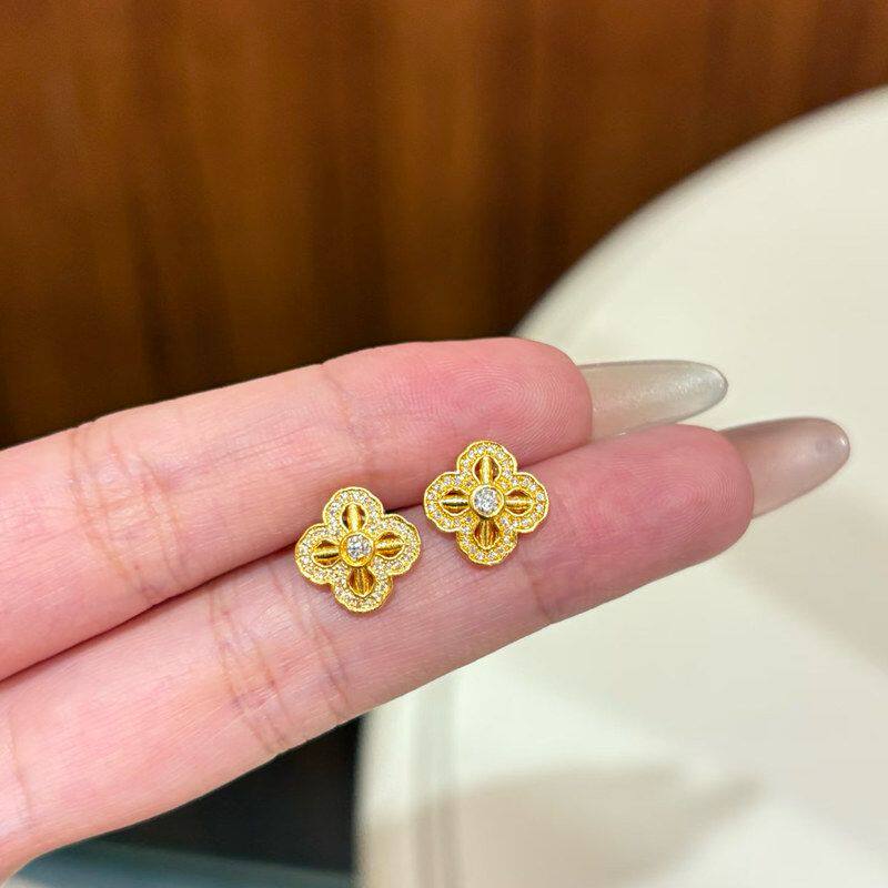 真金24K电镀强保色新中式金刚杵四叶草菱形耳钉个性碎钻轻奢设计