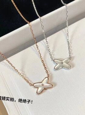 s925纯银白贝母交叉项链女镀玫瑰金锁骨链珍珠吊坠珍珠母贝