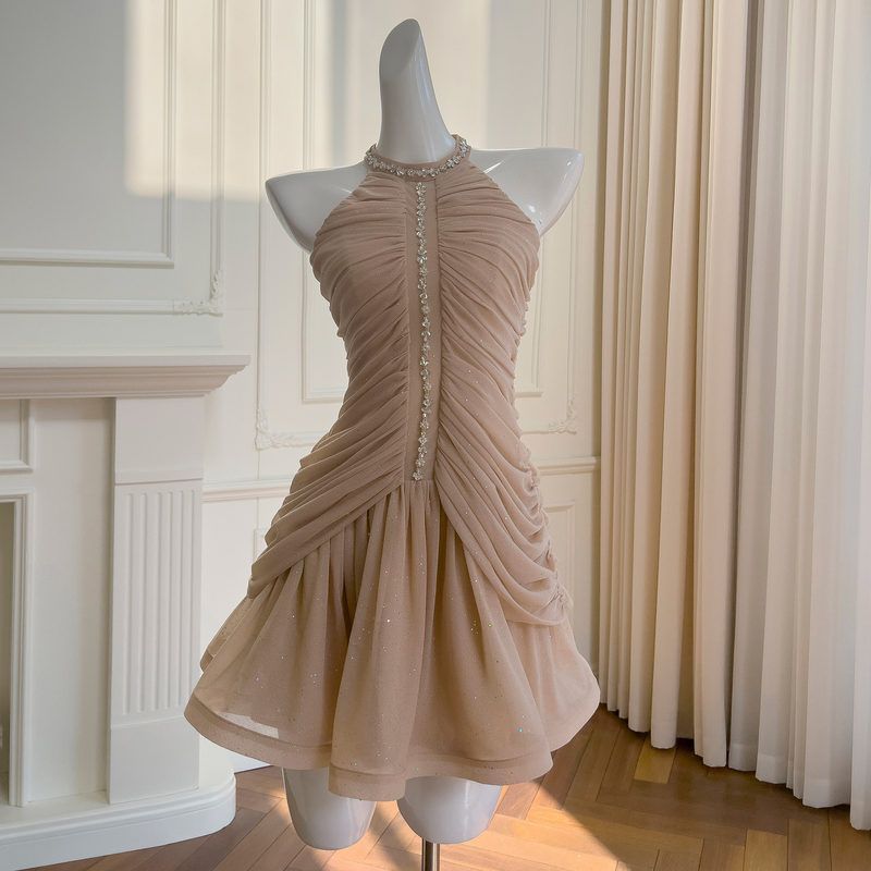 裸色挂脖礼服连衣裙女