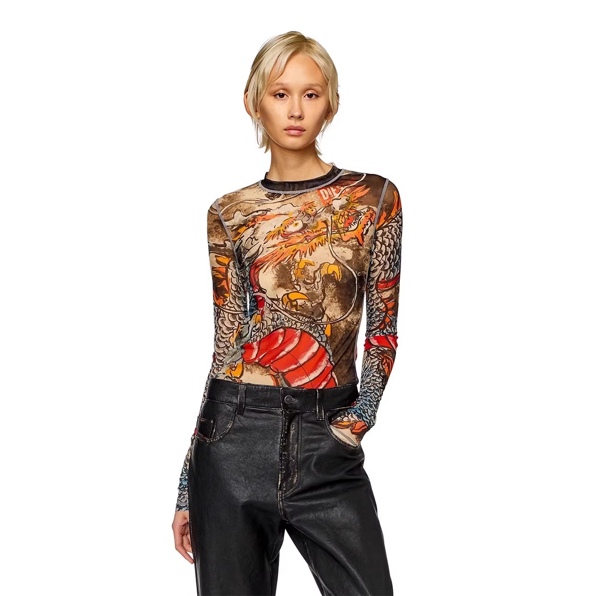 D意大利街头潮牌女装欧美男女套头修身雪纺衫印花小众透视明出口