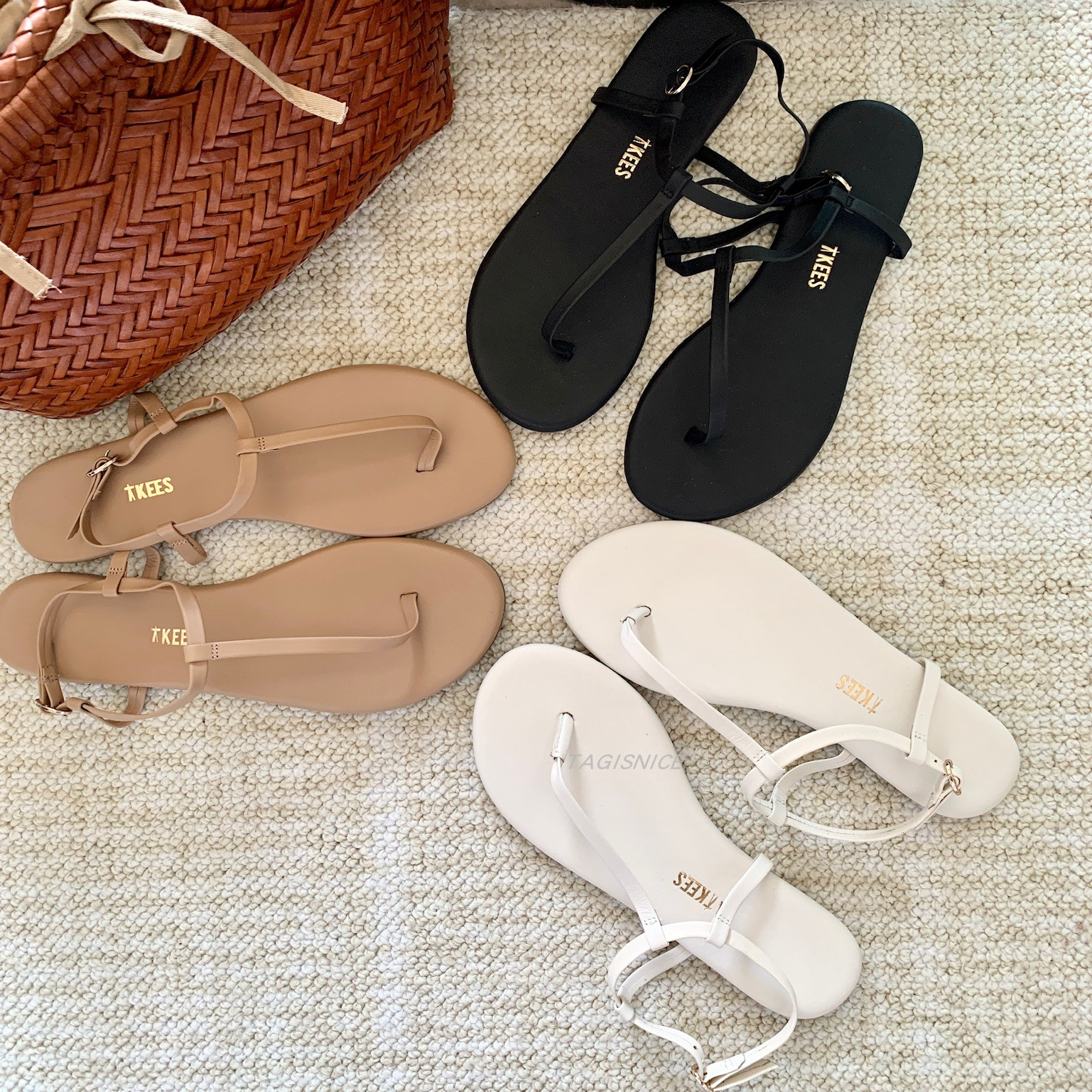 国内现货美国TKEES牛皮美式极简纯色休闲平底夹趾凉鞋