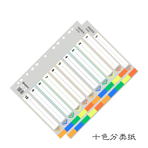 齐心分类纸 A4十色分类页IX902 A4分页纸 隔页纸 11孔索引纸