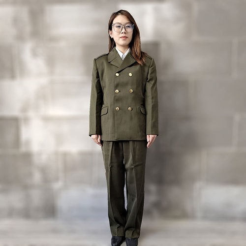 黄绿色马裤呢冬女装毛料凡立丁怀旧纪念中老年中山装防寒保暖