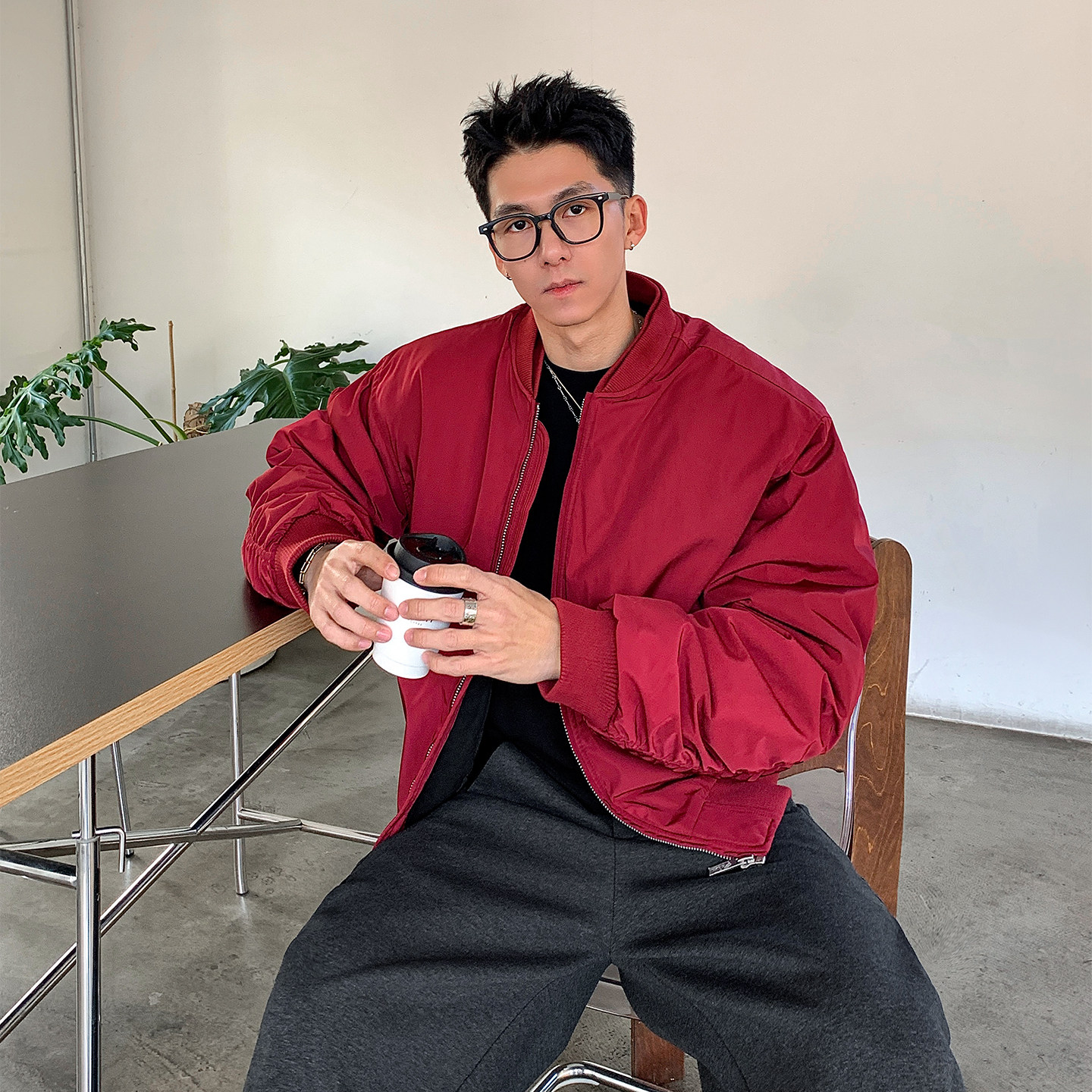 二十八间  双层领飞行夹克男秋冬美式复古加厚保暖棉衣红色外套