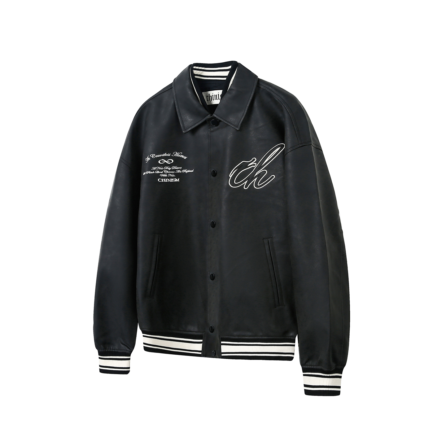 二十八间岩纹翻领pu皮夹克男