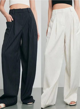 THERSTUDIO ROW色织老钱风条纹麻秸肌理佰搭宽松中腰显瘦阔腿裤女