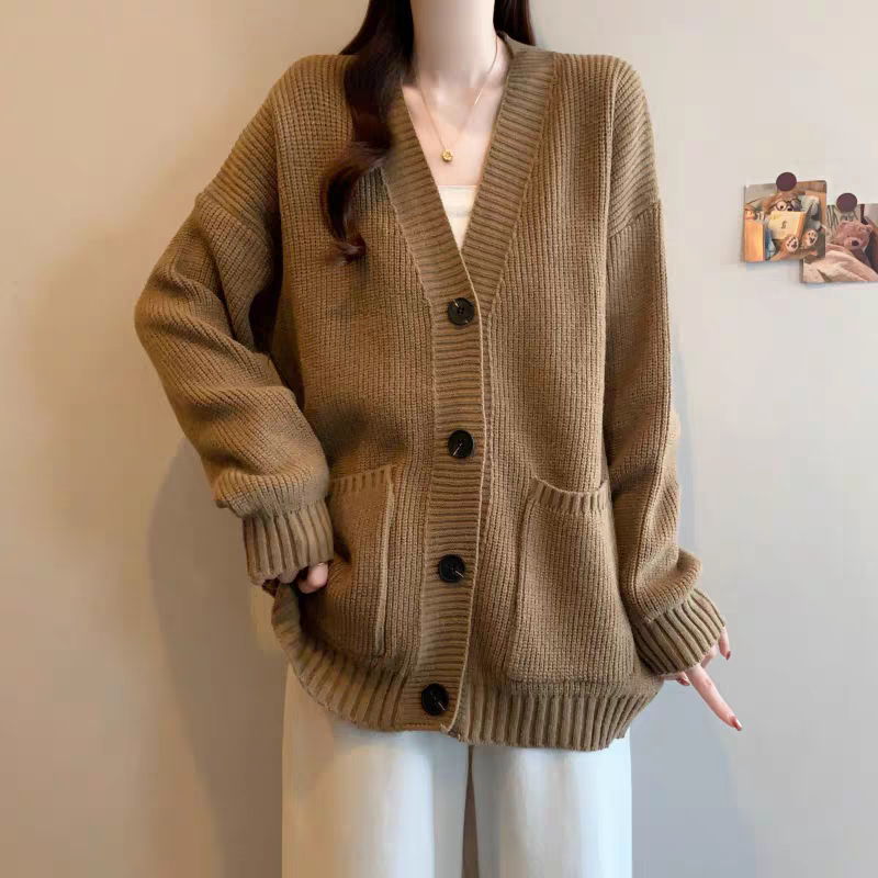 休闲风V领单排扣毛衣外套女秋冬大码胖妹妹韩版气质显瘦宽松上衣
