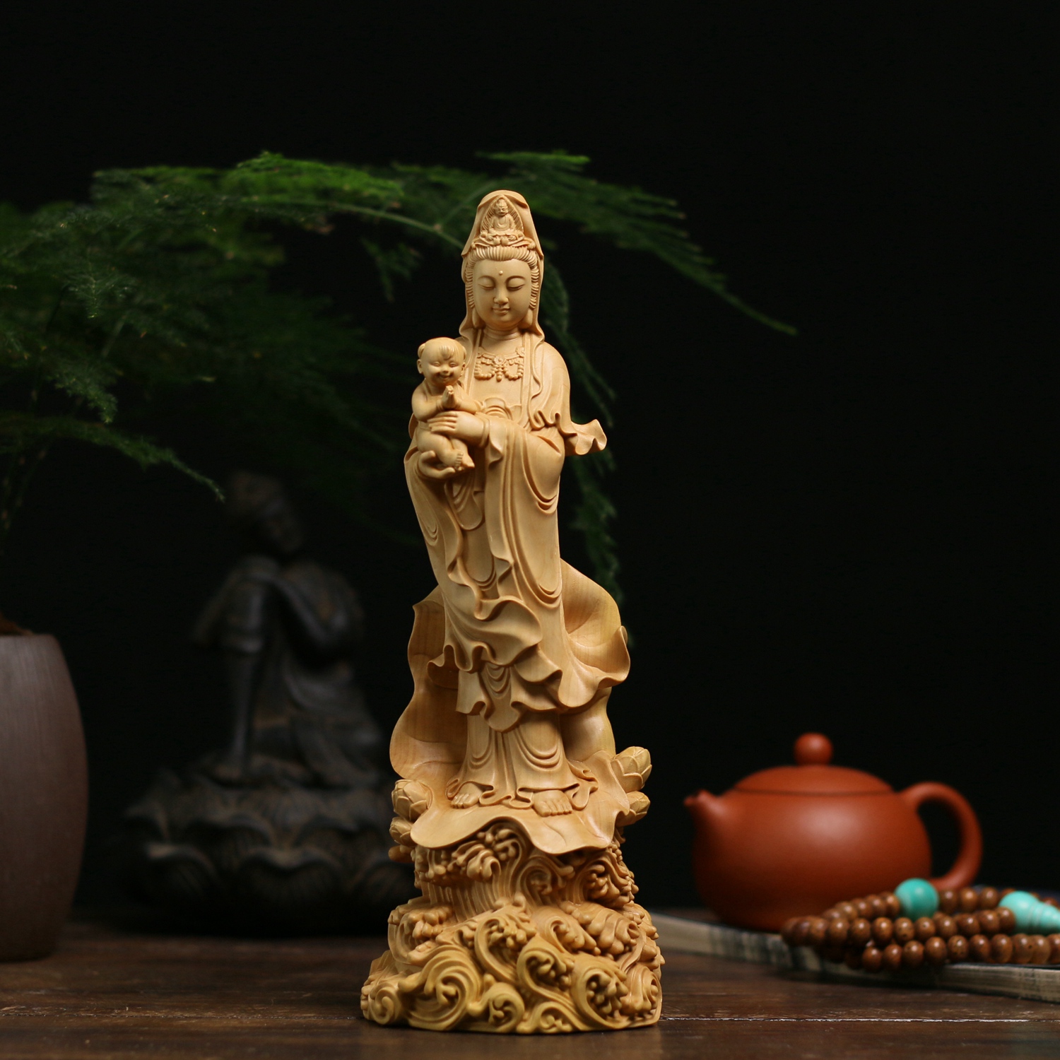 小叶黄杨木雕实木雕刻木质摆件新中式工艺品供奉菩萨佛像送子观音