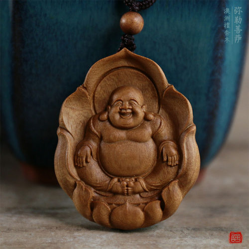 正品檀香木弥勒菩萨佛像吊坠平安