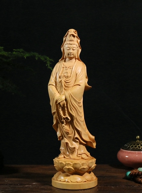 小叶黄杨木雕刻佛像摆件拿珠观音
