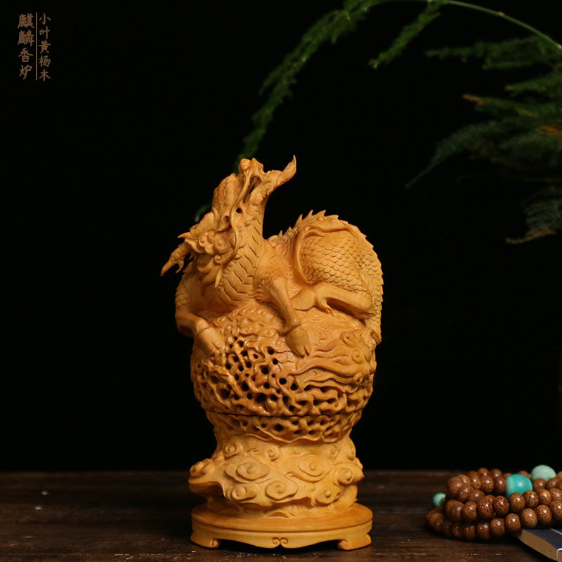 居舍小叶黄杨木雕麒麟香炉摆件