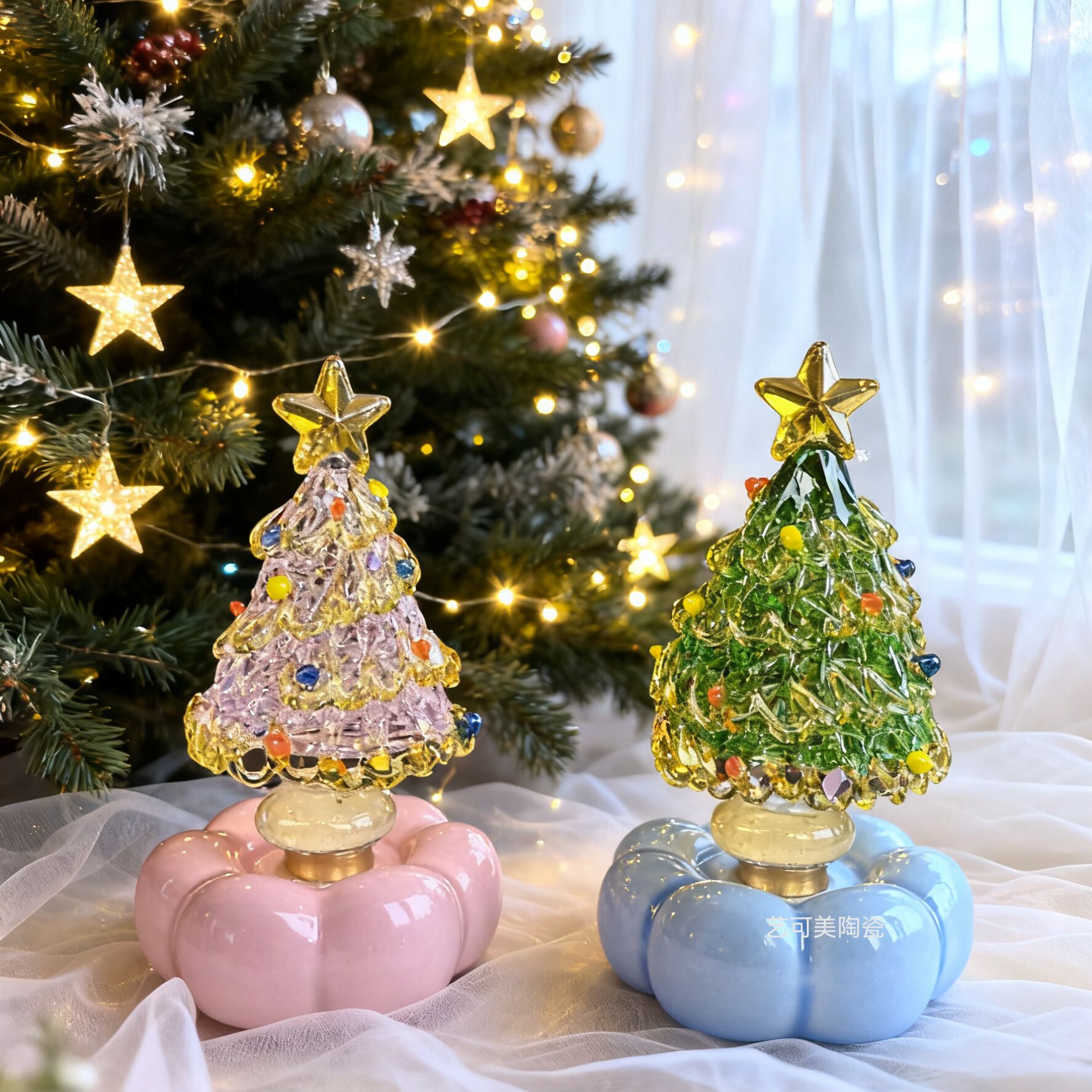 圣诞树转转景德镇烧琉璃装饰品摆件轻奢高端桌面旋转陶瓷手工艺品