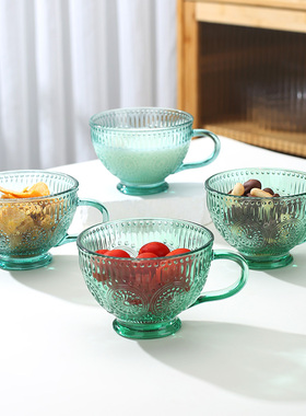 墨绿色浮雕太阳花把杯高颜值ns风咖啡饮料喝水杯玻璃杯牛奶杯燕麦