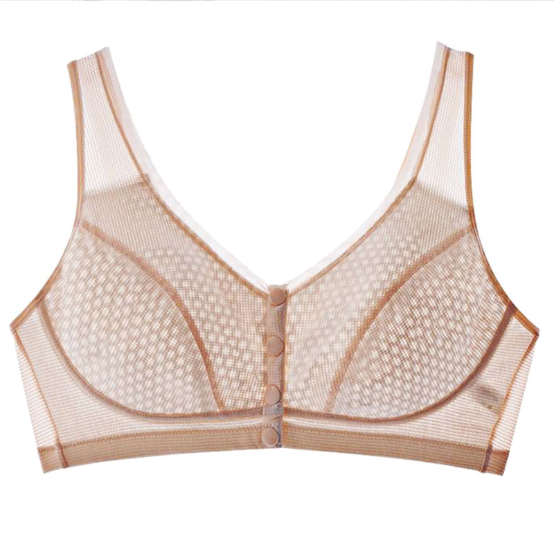 无痕薄款网孔中老年妈妈内衣无钢圈胸罩前开扣背心式老人大码文胸