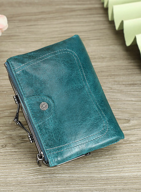 女士真皮钱包卡包一体大容量防盗刷多功能折叠高级感红色牛皮卡扣