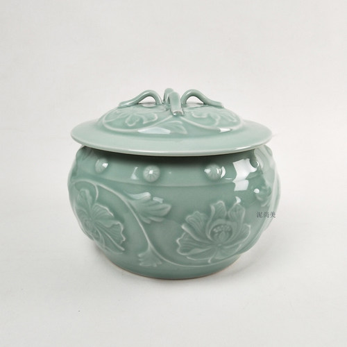 牡丹青瓷储物罐牡丹糖罐家居摆件