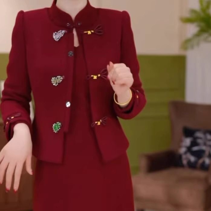 贵妃绒中式夹棉上衣两件套连衣裙2025冬季新款加厚保暖喜婆婆礼服