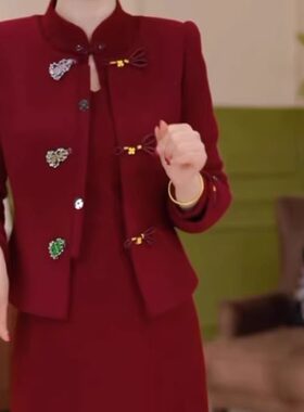 贵妃绒中式夹棉上衣两件套礼服裙