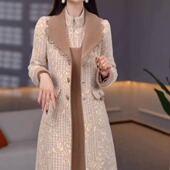 新款 高级贵妃绒百搭中长款 棉服大衣改良旗袍裙2025冬季 显瘦两件套