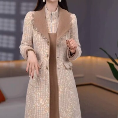 贵妃绒百搭中长款棉服大衣旗袍裙