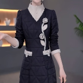 时尚 高档夹棉免洗科技布连衣裙2025冬季 新款 洋气保暖显瘦中长裙子