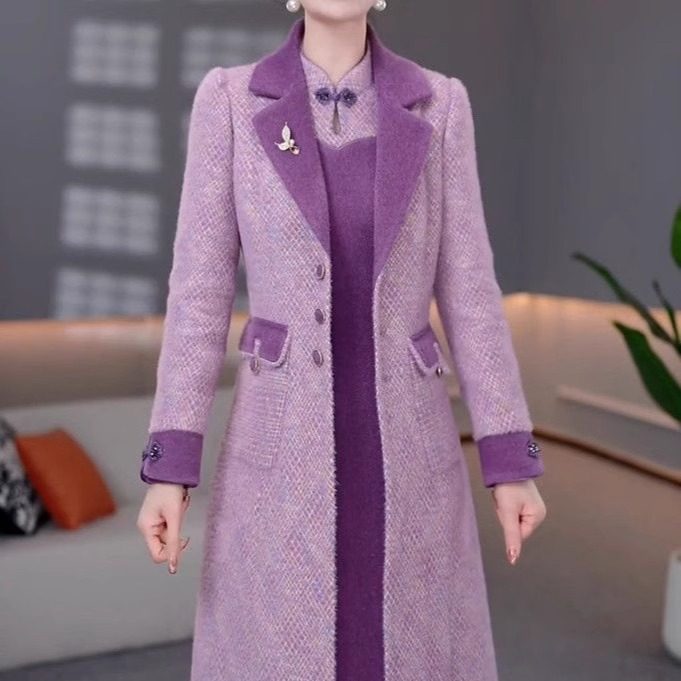 高档贵妃绒加厚中长款大衣两件套