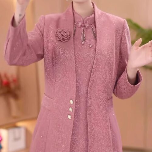 提花软精纺时尚风衣旗袍裙两件套