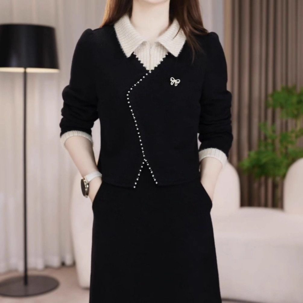 雪花绒加厚假两件拼接礼服裙