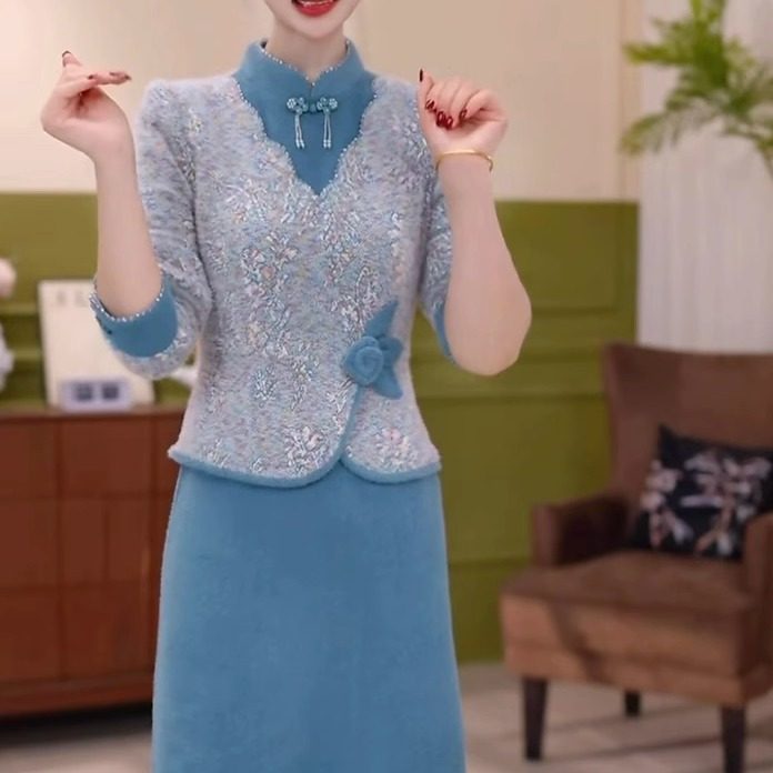 高档雪花绒假两件礼服裙2025秋冬新款气质减龄遮肉显瘦加厚连衣裙