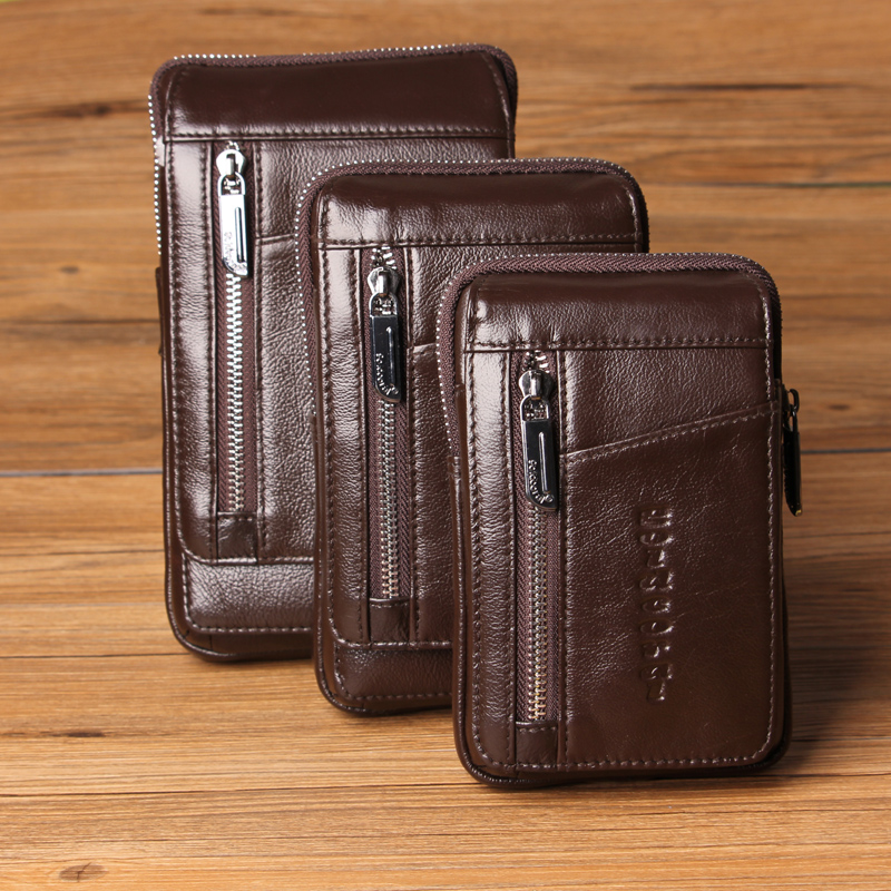 头层牛皮大屏手机多功能竖款腰包