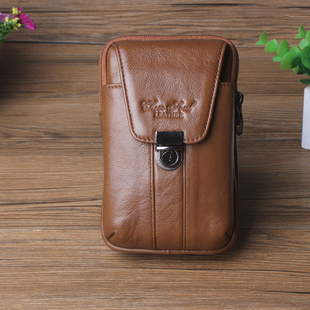 喜枝秀头层牛皮双层腰包5.5寸5.7寸6寸真皮手机腰包穿皮带腰包男