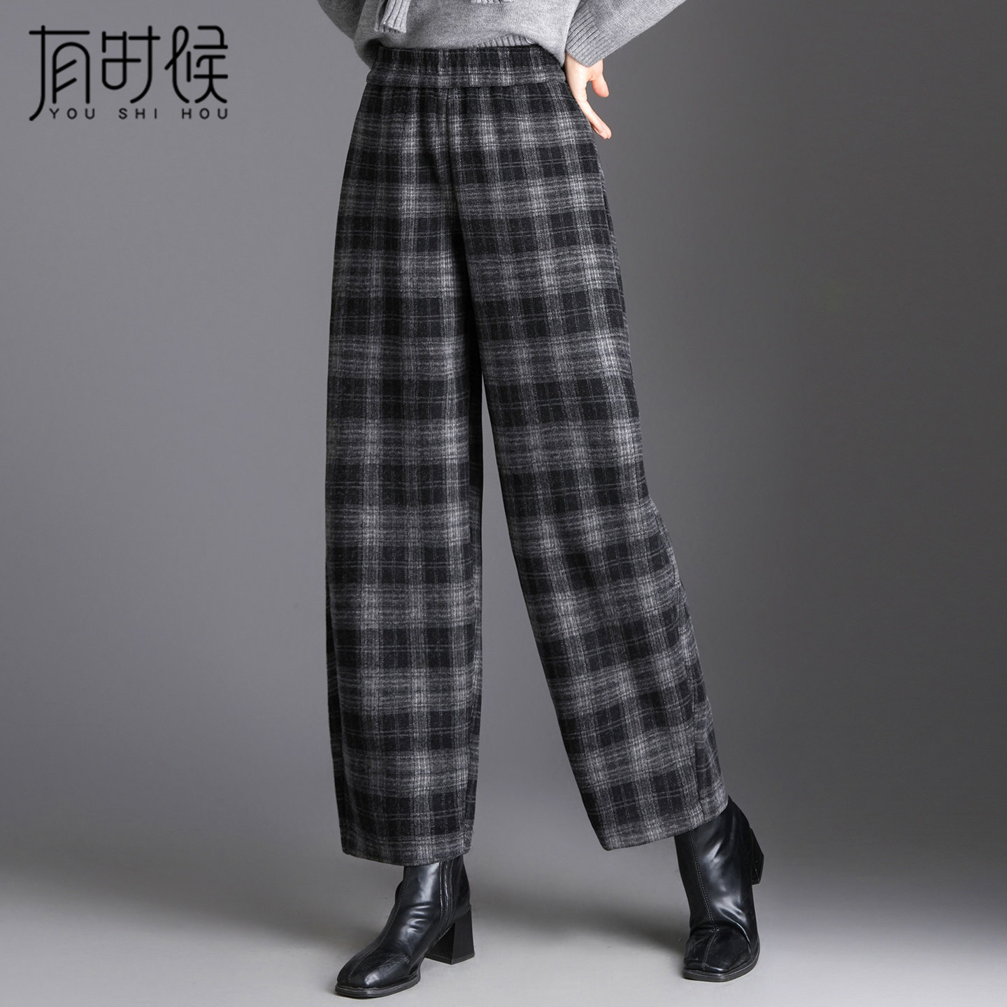 格子毛呢阔腿裤子女春秋2026新款