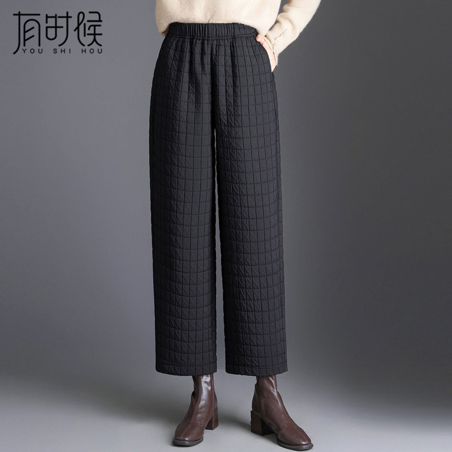 格子休闲裤女秋冬宽松九分直筒裤