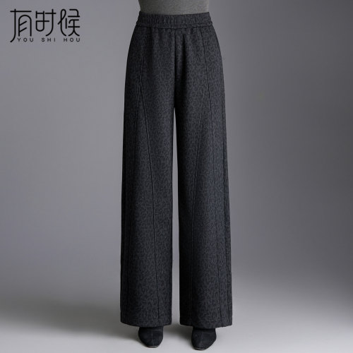 豹纹毛呢阔腿裤女秋冬2026新款