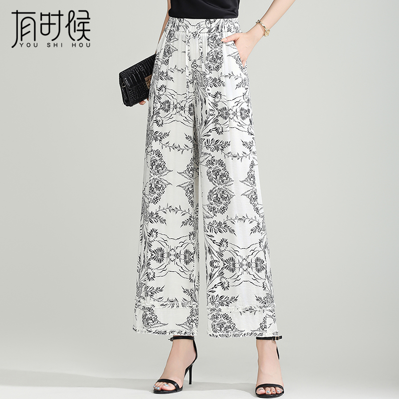 阔腿裤女夏季薄款2025新款高腰棉麻垂感洋气印花妈妈裤子直筒九分
