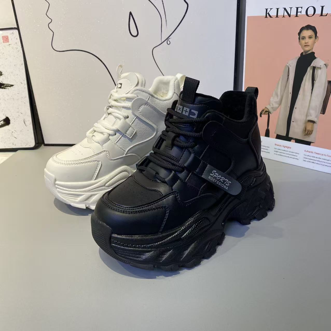 冬季新款女款真皮加棉保暖厚底高帮休闲鞋时尚百搭舒适防滑底女鞋