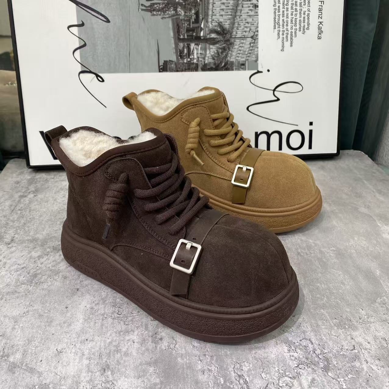 冬季新款女鞋磨砂牛皮加棉保暖休闲鞋时尚百搭舒适防滑底雪地靴