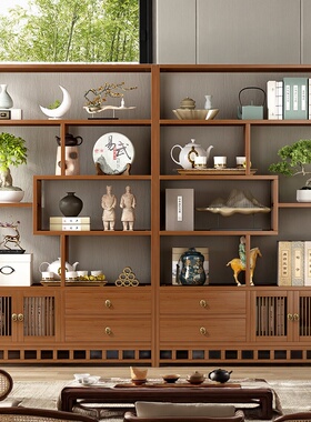 博古架实木中式多宝阁茶叶置物架茶室展示柜茶具收纳架楠竹展示柜