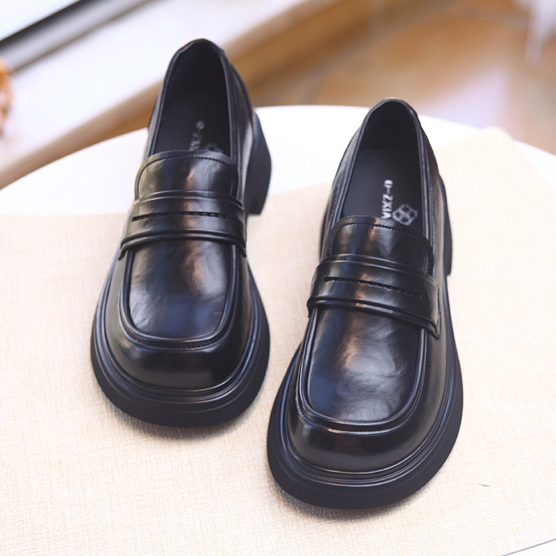 松糕底黑色小皮鞋女2025年春新款英伦风纯色真皮面百搭圆头乐福鞋,女鞋,深口单鞋,淘宝优惠券,粉丝福利购,淘宝优惠卷