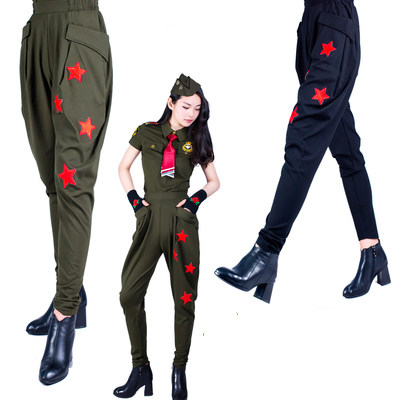 春夏新款水兵舞蹈服装红五星军绿哈伦裤女薄款长裤黑色松紧腰马裤